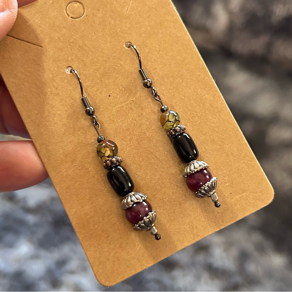 Handcrafted elegant genuine stone cat eye glass barrel faceted hematite earrings